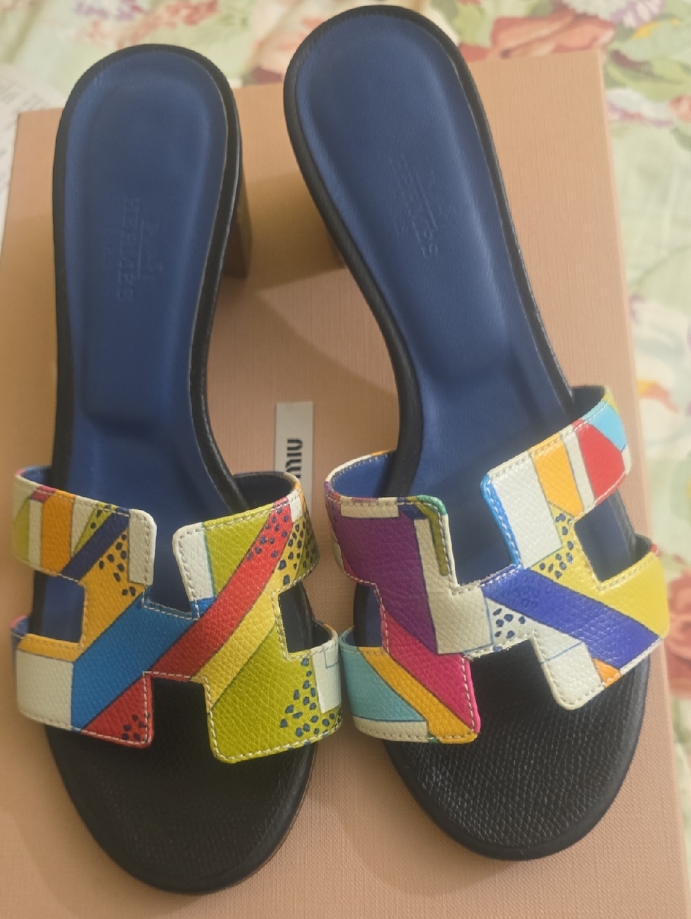 Hermes Multicolor Leather H-Logo Slide Sandals - Blue Insole